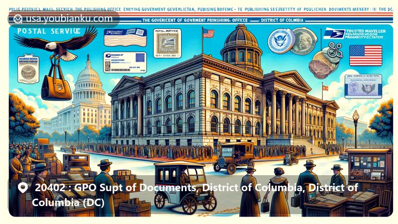 Modern illustration of the Government Printing Office in Washington D.C., showcasing mail and publishing history, with vintage and modern mail elements, emphasizing cultural symbols like hand dancing and go-go music.