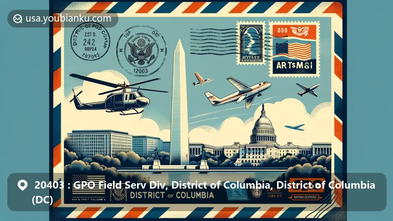Modern illustration of Washington Monument and District of Columbia flag, postal theme for ZIP code 20403, featuring vintage airmail envelope elements.