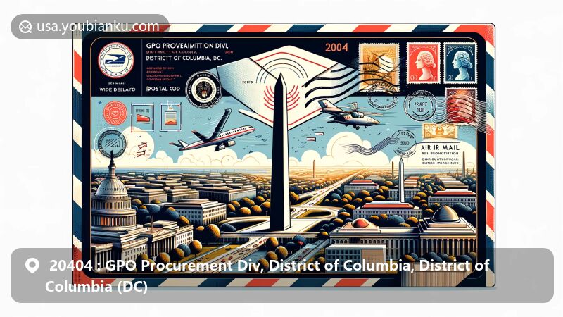 Creative illustration of the Washington Monument symbolizing Washington D.C. within an air mail envelope, featuring postal elements like stamps, a postmark, and a map of the District of Columbia.