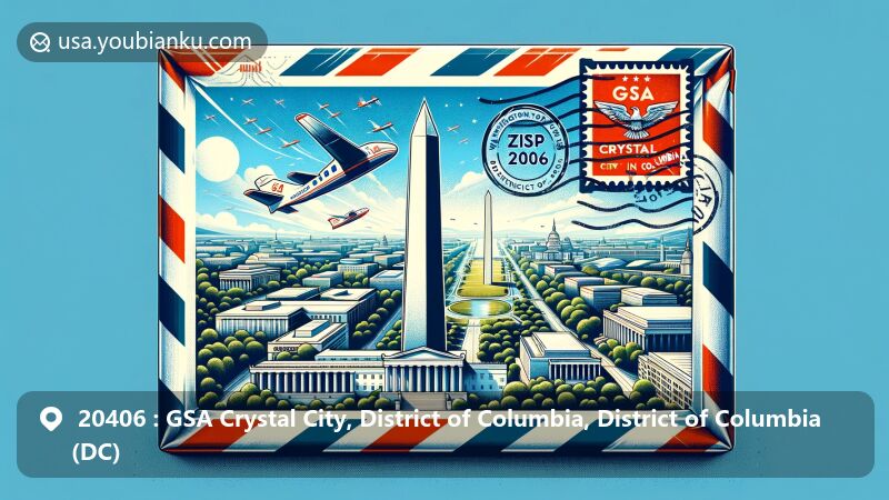 Modern illustration of GSA Crystal City, District of Columbia, showcasing airmail envelope with iconic DC landmarks - Lincoln Memorial, Washington Monument, U.S. Capitol. Features classic airmail stripes and ZIP code 20406, with DC flag postage stamp and postmark.