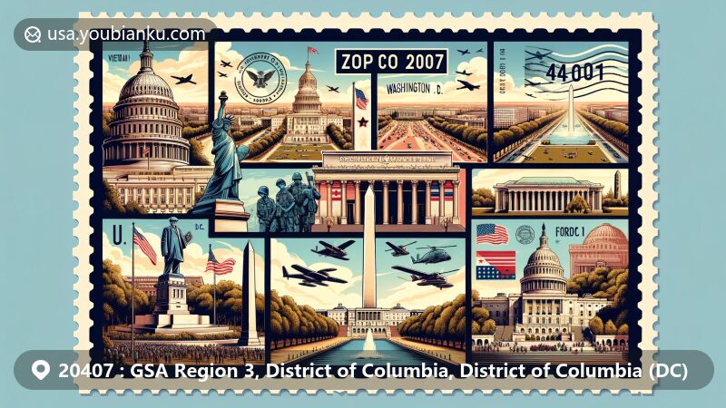 Modern illustration of GSA Region 3 in Washington D.C., featuring iconic landmarks like Vietnam Veterans Memorial, U.S. Capitol, and Washington Monument, integrated into a vibrant collage with postal elements and ZIP code 20407.