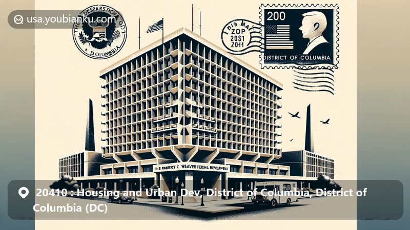 Modern illustration of Robert C. Weaver Federal Building in Washington, DC, showcasing Brutalist architecture and postal theme with ZIP code 20410, designed by Marcel Breuer, honoring HUD Secretary Robert C. Weaver, and featuring DC flag and vintage postage stamp.
