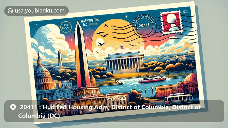 Modern illustration of Washington, D.C., showcasing iconic landmarks like the Washington Monument and the White House, with postal elements and ZIP code 20411.