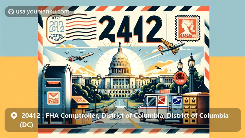 Modern illustration of Washington, D.C., with ZIP code 20412, showcasing United States Capitol and postal elements like vintage air mail envelope and stamps.