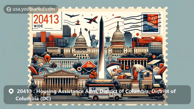 Modern illustration of ZIP code 20413, Washington DC, featuring iconic landmarks like the Washington Monument, the United States Capitol, and the White House, with creative postal elements and a postmark.