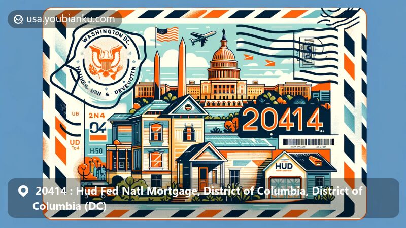 Modern illustration of Washington D.C. featuring Capitol Building and Lincoln Memorial in the background, with focus on postal theme and ZIP code 20414, including U.S. flag and D.C. regional symbol.