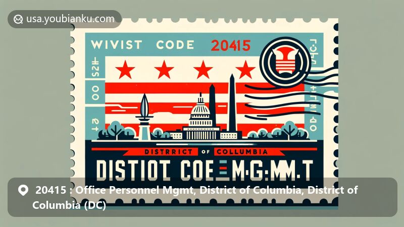 Modern illustration of Office Personnel Mgmt Area, District of Columbia, showcasing DC symbols with flag and Potomac bluestone, incorporating postal elements and ZIP code 20415.