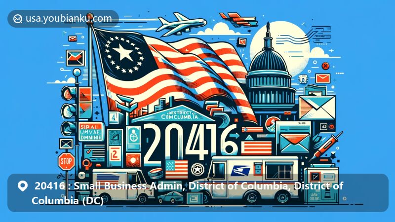 Modern illustration of the ZIP code 20416 in the Small Business Admin area of the District of Columbia, featuring the District of Columbia flag, postal service symbols, and iconic Washington D.C. elements in a vibrant contemporary style for web use.