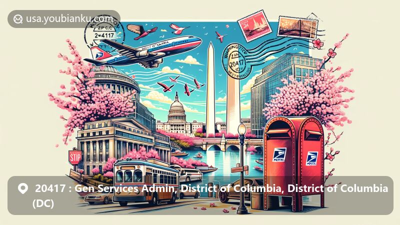 Modern illustration of iconic landmarks and postal elements of the District of Columbia for ZIP Code 20417, featuring Washington Monument, White House, and cherry blossoms.