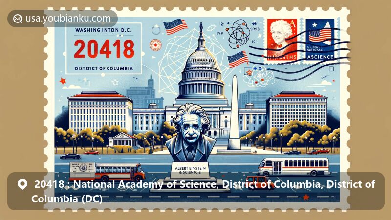 Modern illustration of the National Academy of Science area in the District of Columbia, featuring the Albert Einstein Memorial and the National Academy of Sciences building, symbolizing scientific achievements and the ZIP code 20418.