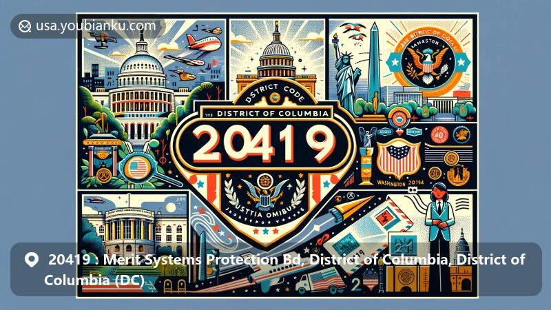Modern illustration of ZIP code 20419, District of Columbia, featuring White House, U.S. Capitol, and Washington Monument, with District of Columbia seal, Lady Justice, and postal elements, showcasing historical and political significance of Washington D.C.