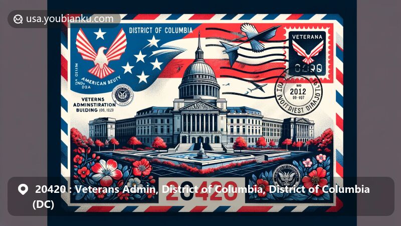 Modern illustration of the Veterans Administration Building in Washington, DC, showcasing postal theme with ZIP code 20420, featuring 'American Beauty' rose, cherry blossoms, and Scarlet oak.