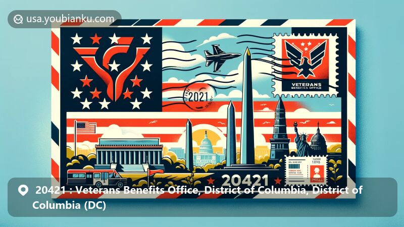 Modern illustration of ZIP code 20421, Veterans Benefits Office, District of Columbia, DC, with postcard theme showcasing Washington, D.C. landmarks and symbols like Washington Monument, D.C. flag, postmark, stamp, and mailbox.