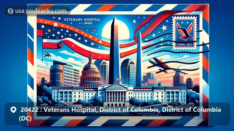 Modern illustration of Washington DC with ZIP code 20422, featuring iconic landmarks like the Washington Monument and the White House, blending urban and patriotic elements with postal theme, showcasing official correspondence and American flag colors.