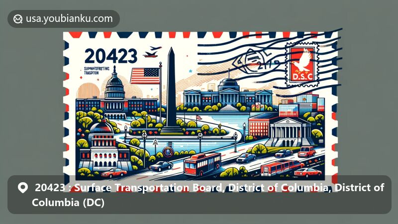 Creative postcard illustration of ZIP code 20423, Surface Transportation Board, District of Columbia, featuring Washington Monument, White House, and United States Capitol.