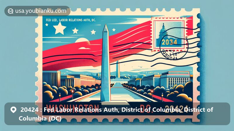Modern illustration of Washington Monument, District of Columbia, featuring postal theme with ZIP code 20424, showcasing iconic landmark and American flag pattern.