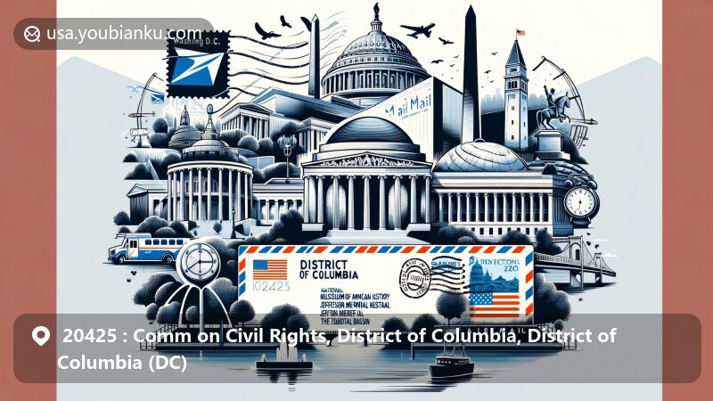 Modern illustration of an air mail envelope featuring silhouettes of Washington D.C.'s iconic landmarks like National Museum of American History, African American History and Culture, Jefferson Memorial, Tidal Basin, John F. Kennedy Center, and National Zoological Park.