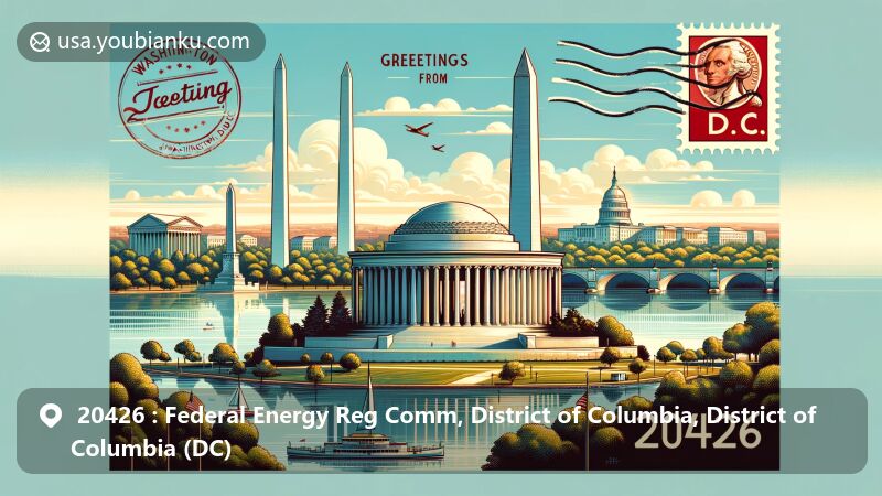 Modern illustration of Federal Energy Reg Comm area in Washington D.C., featuring Jefferson Memorial, Washington Monument, and D.C. War Memorial, with postal theme showcasing ZIP code 20426, stamps, and postmark.