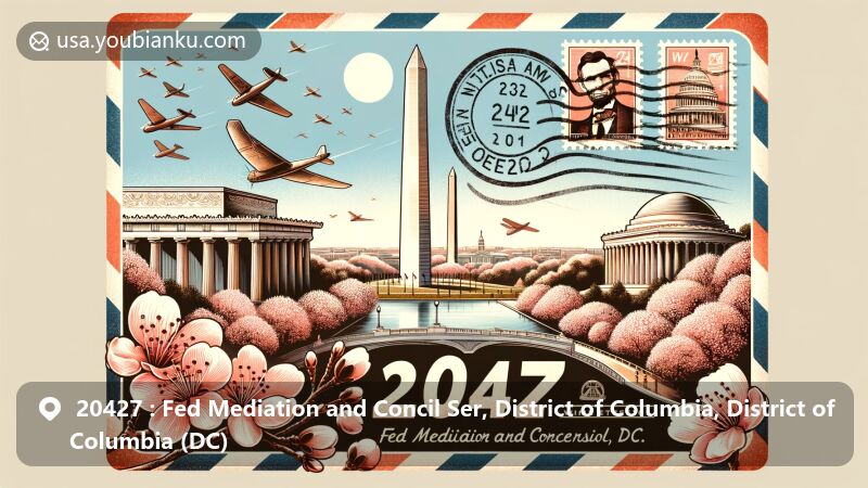 Modern illustration of Washington D.C., ZIP code 20427, featuring iconic landmarks like the Washington Monument, Lincoln Memorial, and Jefferson Memorial blended with cherry blossoms for the National Cherry Blossom Festival.