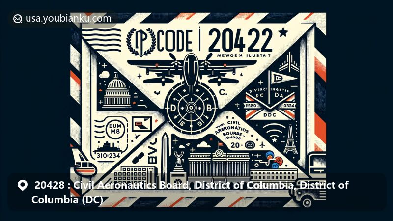 Modern illustration of District of Columbia, DC, representing ZIP code 20428 with airmail envelope design and postal elements, showcasing DC flag, Washington Monument, Capitol, and civil aviation connection.