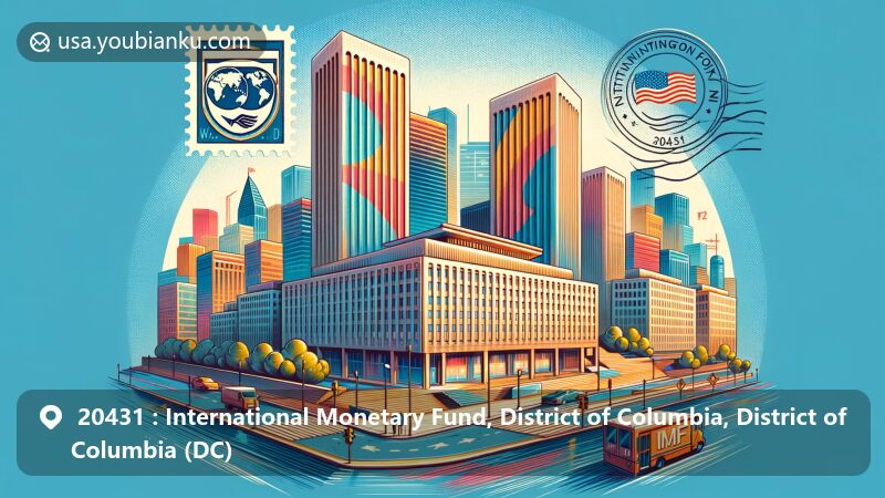 Modern illustration of ZIP Code 20431 area in Washington D.C., showcasing IMF headquarters with American flag elements and postal features, symbolizing global significance.