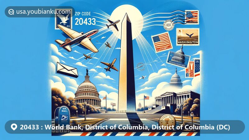 Creative illustration of Washington Monument, showcasing postal theme with ZIP code 20433 in Washington, D.C., featuring iconic obelisk shape, air mail envelope, stamps, postmark, and D.C. landmarks.