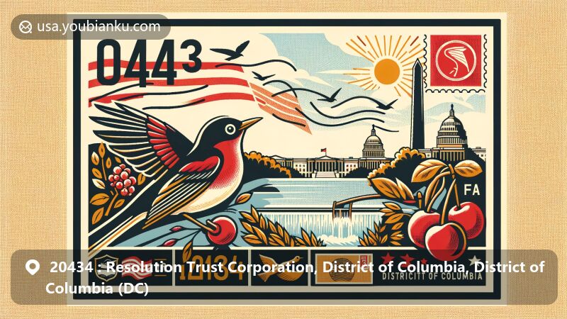 Modern illustration of Washington, D.C. ZIP code 20434, showcasing District of Columbia symbols: flag, wood thrush bird, cherry fruit, and scarlet oak tree, with postcard theme and postal elements like stamp, mark, and ZIP code.