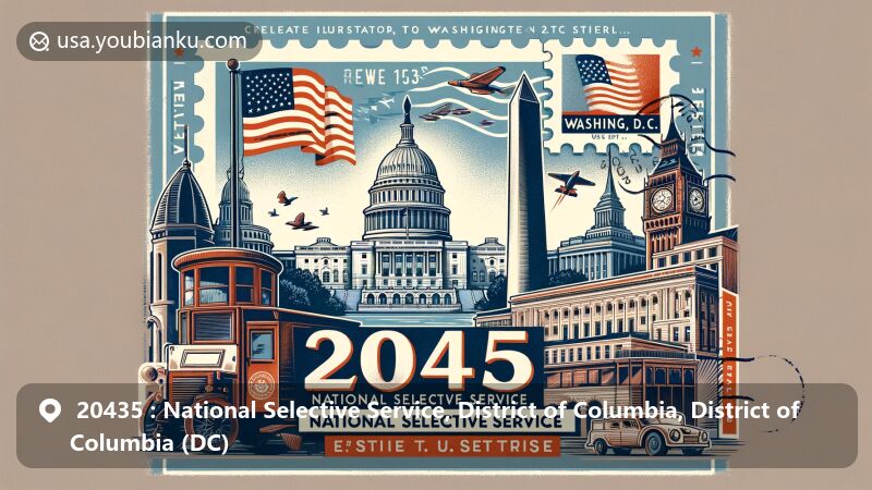 Modern illustration of ZIP code 20435 area in Washington, D.C., showcasing National Selective Service, Capitol, and Washington Monument.