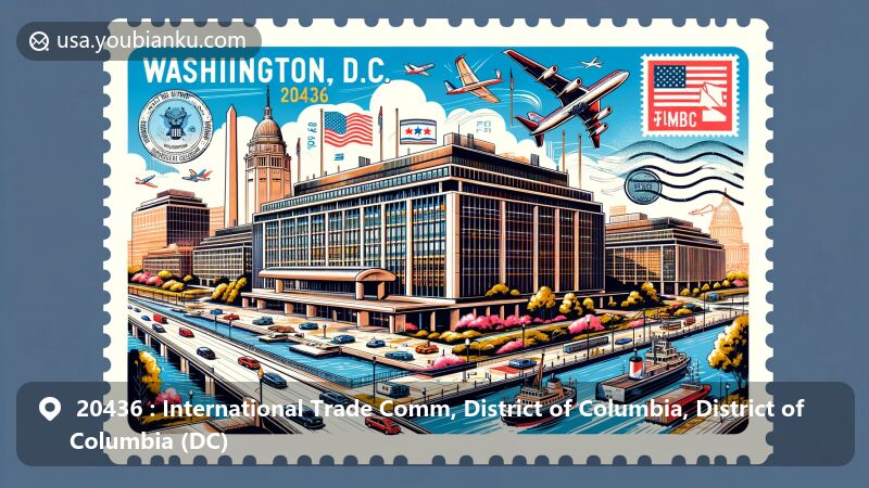 Modern illustration of ZIP code 20436 in Washington, D.C., showcasing the Ronald Reagan Building and International Trade Center with postal elements like stamps and a postal mark.