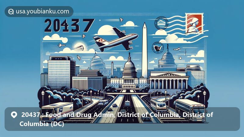Modern illustration of Washington DC featuring iconic landmarks like the Washington Monument, the White House, and the Lincoln Memorial, designed in a postcard and air mail envelope theme with ZIP code 20437.