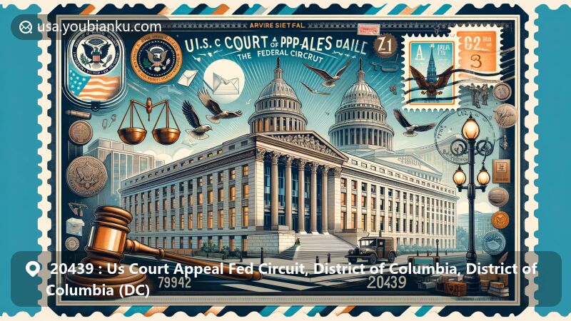 Modern illustration of the U.S. Court of Appeals for the Federal Circuit in Washington, DC, with federal appellate themes and iconic landmarks like the Washington Monument and Capitol.
