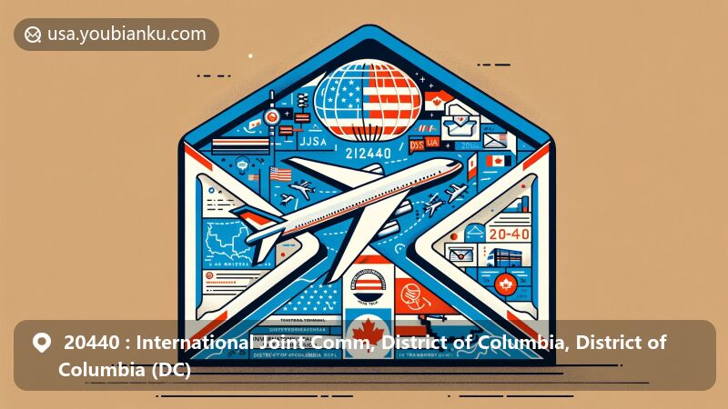 Modern illustration of ZIP Code 20440, featuring airmail envelope with District of Columbia map, U.S. and Canada flags, symbolizing transboundary cooperation by the International Joint Commission.
