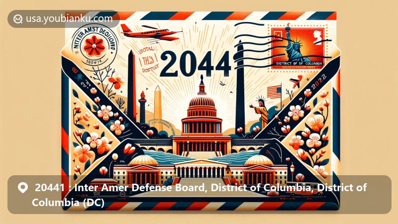 Modern illustration of ZIP code 20441 showcasing DC landmarks like Lincoln Memorial, Washington Monument, and Capitol in a postal-themed style with vintage stamp, postmark, and cherry blossoms.