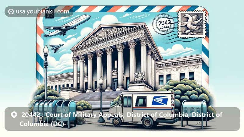 Modern illustration of United States Court of Military Appeals in Washington, D.C., designed as a postal envelope with ZIP code 20442, featuring Greek Revival architecture and postal symbols.