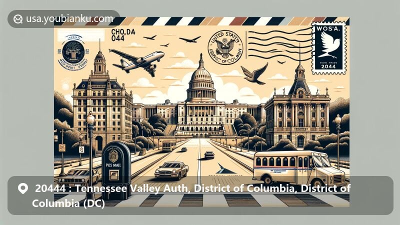 Contemporary illustration of Washington, D.C., showcasing postal theme with ZIP code 20444, featuring iconic landmarks like the White House, the Capitol, and the Supreme Court, highlighting the city's role as the national capital.