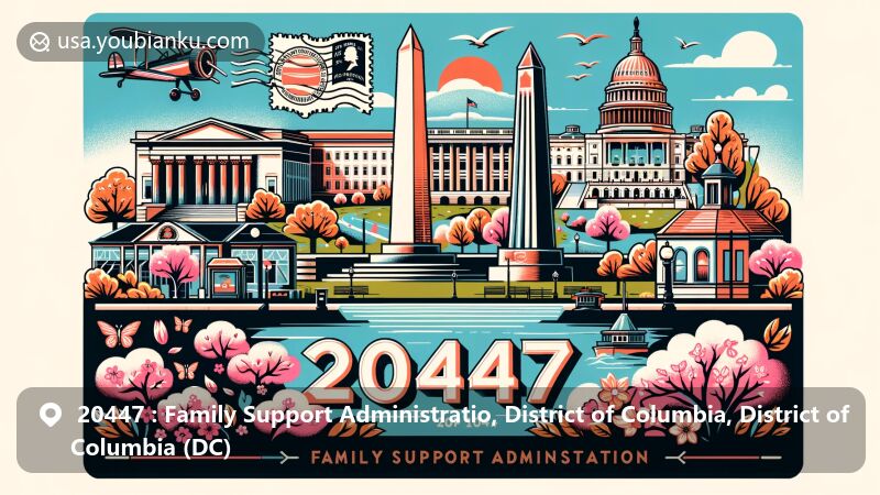 Modern illustration of ZIP code 20447 in the District of Columbia, showcasing the Family Support Administration, Capitol Building, Washington Monument, and cherry blossoms, with vintage postcard format and postal elements.