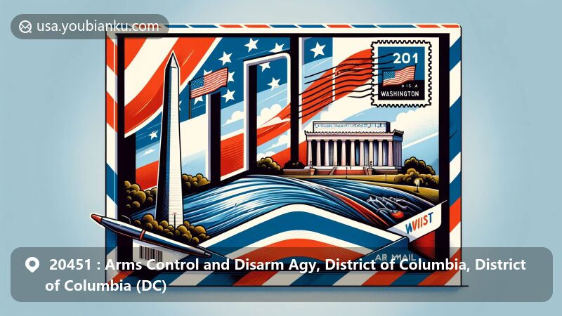 Modern illustration of ZIP code 20451, Arms Control and Disarm Agency in DC, featuring Washington Monument, Lincoln Memorial, and District of Columbia flag elements.
