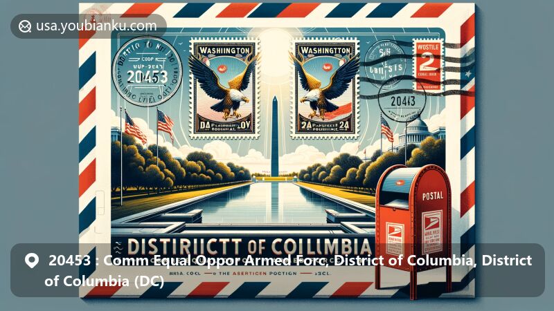 Modern illustration of ZIP Code 20453, 'Comm Equal Oppor Armed Forc' area in District of Columbia, featuring iconic Washington Monument in a vibrant postal card design.