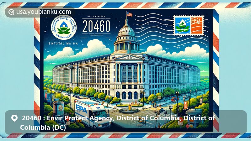 Modern illustration of EPA headquarters at 1200 Pennsylvania Ave NW, Washington, DC, highlighting postal theme with ZIP code 20460, featuring symbols of environmental protection and sustainability.