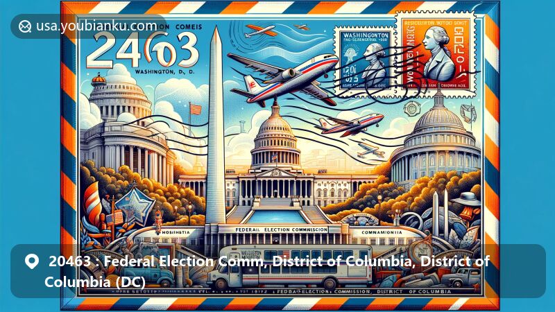 Modern illustration of Federal Election Commission, Washington, D.C., showcasing postal theme with ZIP code 20463, featuring White House, Washington Monument, and Smithsonian Museums.