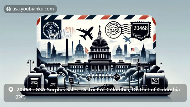 Modern illustration of Washington D.C. with Capitol Building silhouettes and postal theme, emphasizing ZIP Code 20468 and federal connections.