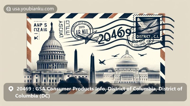 Modern illustration of ZIP code 20469, featuring air mail envelope with US Capitol stamp, postmark '20469' and 'District of Columbia', with Washington Monument and Lincoln Memorial in the background.