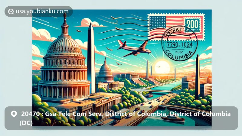 Modern illustration of Washington, D.C., featuring iconic landmarks like the Capitol Building, Washington Monument, and Lincoln Memorial, along with vintage postal elements and ZIP Code 20470.