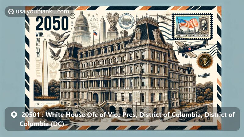 Modern illustration of the White House Office of Vice President, ZIP code 20501, highlighting Eisenhower Executive Office Building with French Second Empire architecture and iconic city landmarks.