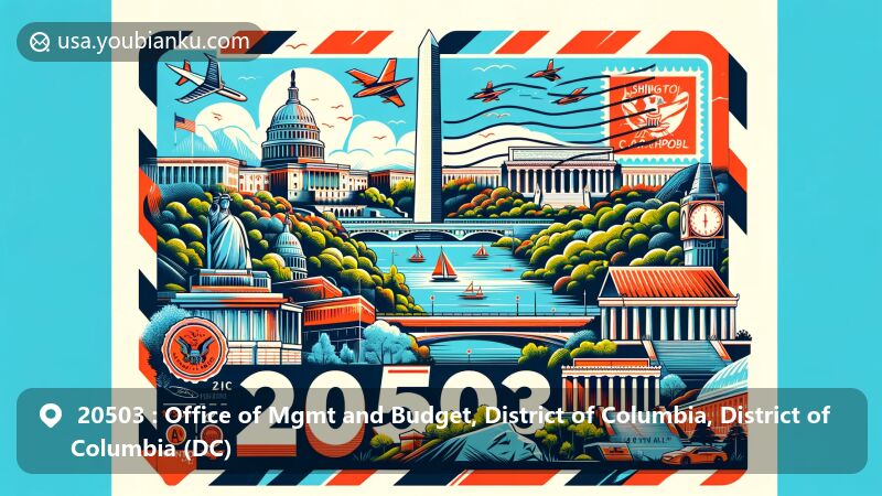 Modern illustration of Washington, D.C., District of Columbia, showcasing postal theme with ZIP code 20503, featuring iconic landmarks like Lincoln Memorial, Washington Monument, U.S. Capitol, and National Mall.