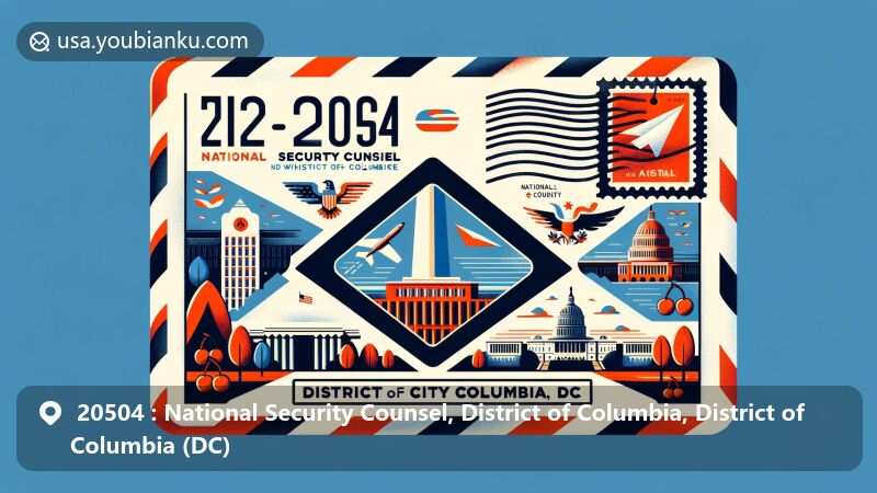 Modern illustration of the National Security Counsel area in Washington, D.C., emphasizing ZIP code 20504, featuring iconic symbols like the Washington Monument and the U.S. Capitol, with District of Columbia's cherry, Scarlet oak, and Potomac bluestone.