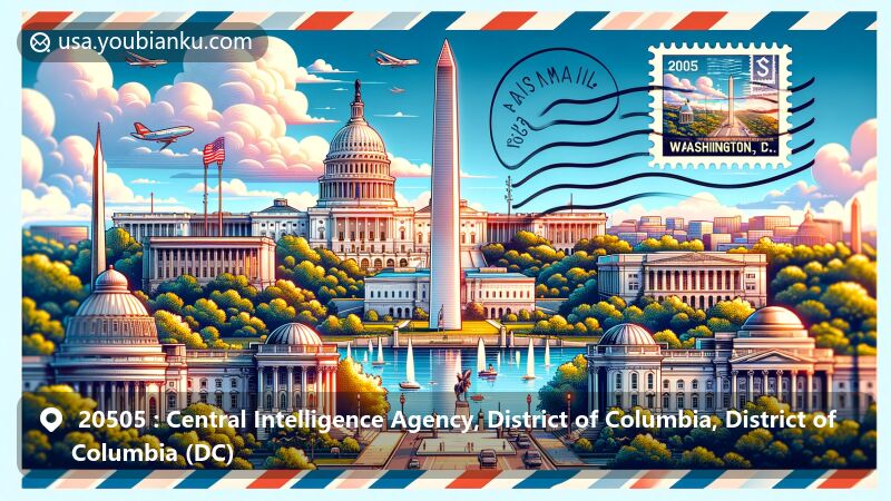 Modern illustration of Washington, D.C., showcasing postal theme with iconic landmarks like the White House, Washington Monument, U.S. Capitol, and Jefferson Memorial, featuring '20505' ZIP code and postal elements.