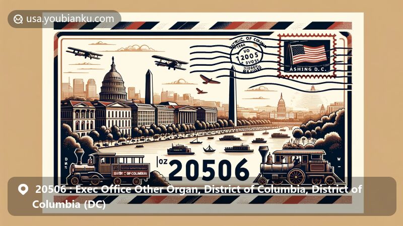 Modern illustration of Washington D.C. landmarks in ZIP Code 20506, blending historic buildings and monuments with vintage postcard elements, featuring D.C. flag stamp.