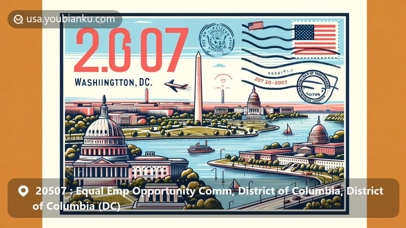 Modern illustration of ZIP Code 20507 showcasing Washington, DC landmarks like the Capitol and Washington Monument, with postal elements and American flag.