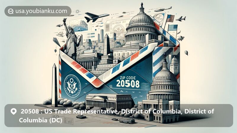 Modern illustration of ZIP code 20508 in the District of Columbia, showcasing United States Trade Representative office and iconic D.C. landmarks like Lincoln Memorial and Capitol Building.